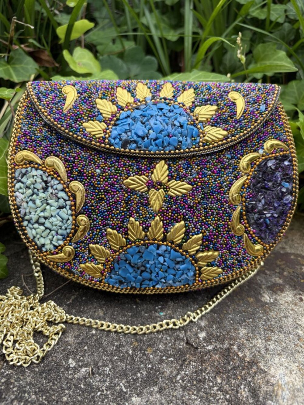 Ramla Beaded Clutch Purple Mosaic Design Chain Strap Handmade Boho Festival NEW